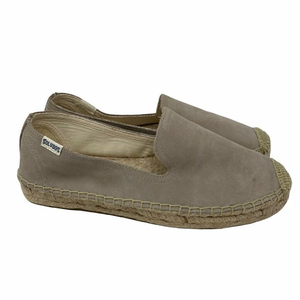 Soludos Womens Dali Espadrille Flat Shoes Beige Leather Slip On Round Toe 6.5